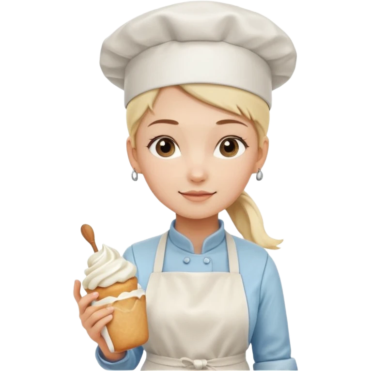 Young female pastry chef - single ponytail, apron, wearing a white hat, holding a cream bag emoji