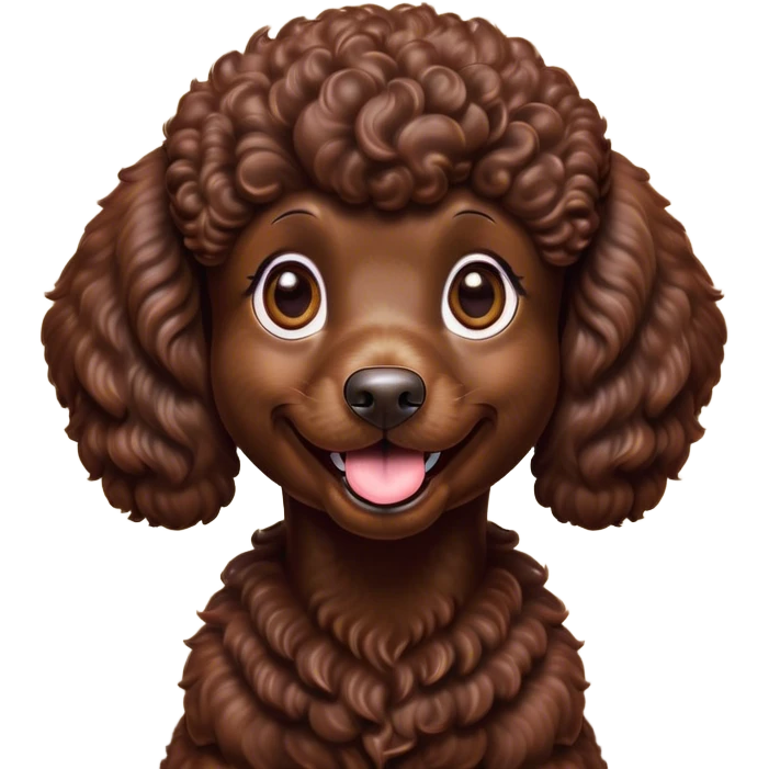 Cinematic Comical Chocolate Poodle Portrait Emoji, Head tilted dramatically with an exaggeratedly amused expression, featuring a glossy, curly chocolate Fur with a bouncy texture, wide, expressive brown eyes filled with playful disbelief, Simplified yet hilariously expressive features, highly detailed, glowing with a slightly sassy glow, high shine, dramatic yet playful, stylized with an air of cheeky mischief, bright and endearing, soft glowing outline, capturing the essence of a spirited and over-the-top companion, so meme-worthy it feels like it could side-eye its way into internet fame instantly! emoji