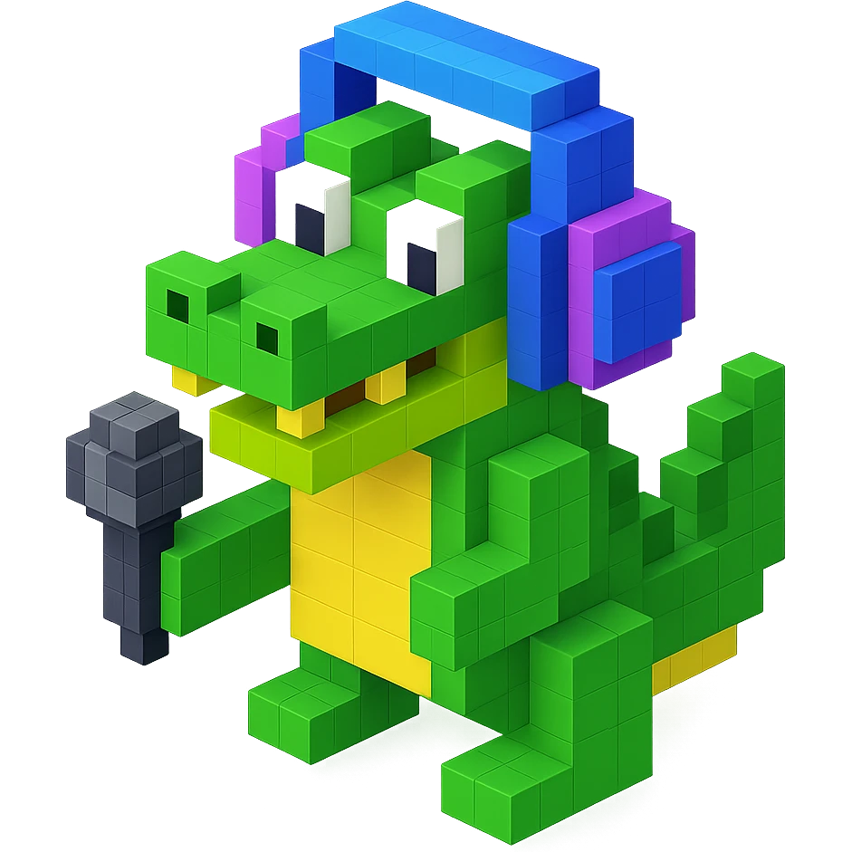crocodile with headphones holding a microphone, isometric view, voxel style emoji