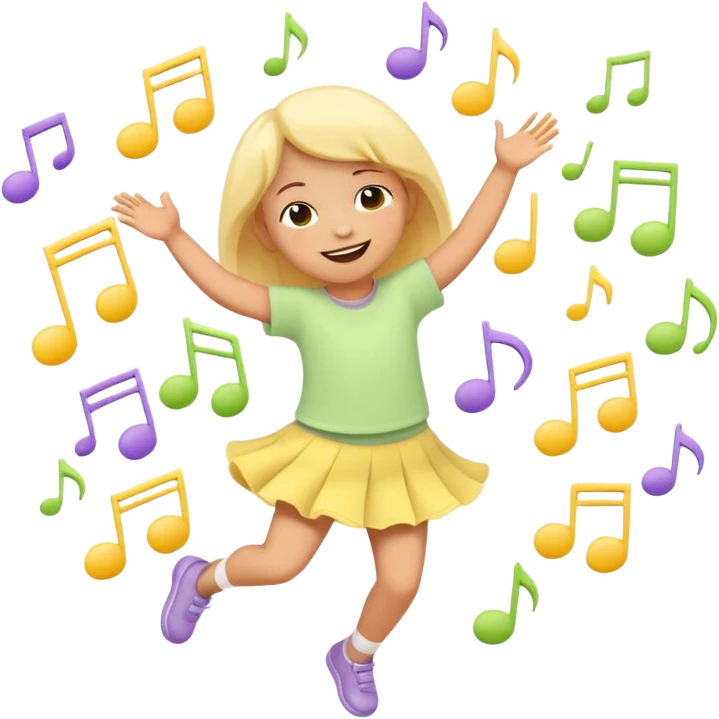 Flat illustration emoji of a small child dancing or moving joyfully to music, musical notes floating around, smiling expression, soft pastel colors (yellow, lavender, light green), rounded shapes, minimal details, child-friendly, warm and playful style emoji