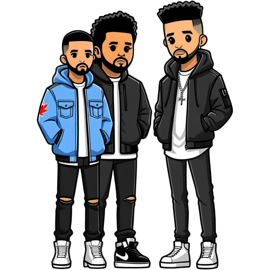 2022 illustration of The Weeknd and drake. Both  canadian singers from Toronto, must be ultra hyperrealistic, and mirco-detailed, 3D sticker design
 Must be 8k hd, 8000x8000px resolution. Must use very thin transparent smooth lines emoji