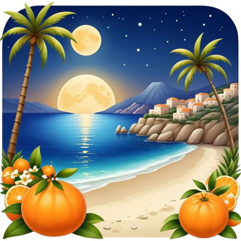 Moonlight on Mediterranean seashore with mandarin as fruits and flowers emoji