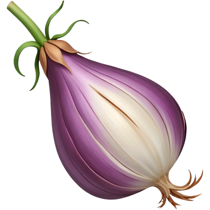 shallot, whole, unpeeled, teardrop shape, copper or mauve, papery skin, striations, glossy, dried stem, root strands, 3D clean style, transparent background, optimized for emoji size emoji