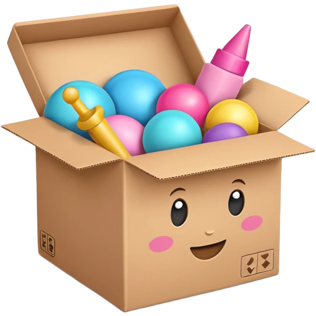 cardboard box with toys, pink emoji