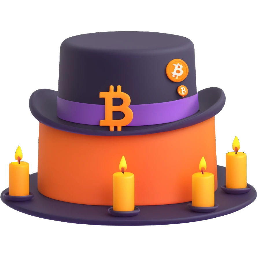 top hat emoji with hatband replaced by glowing Bitcoin symbol and small candlestick trading charts on brim emoji