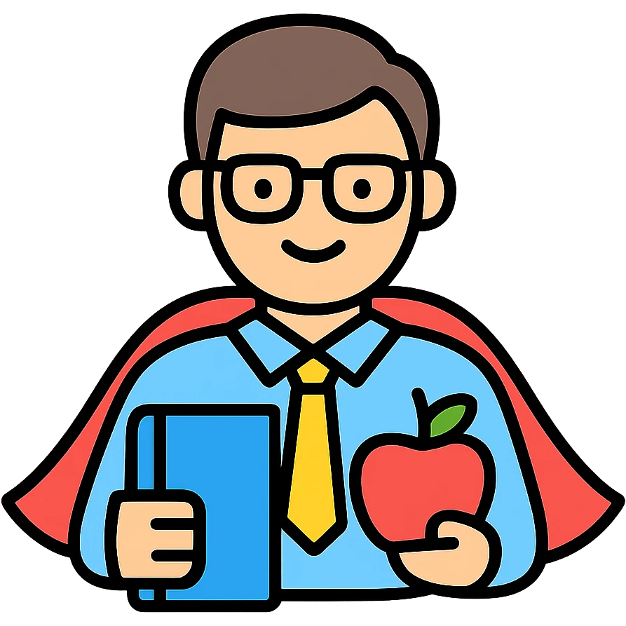 Teacher hero with book and apple emoji
