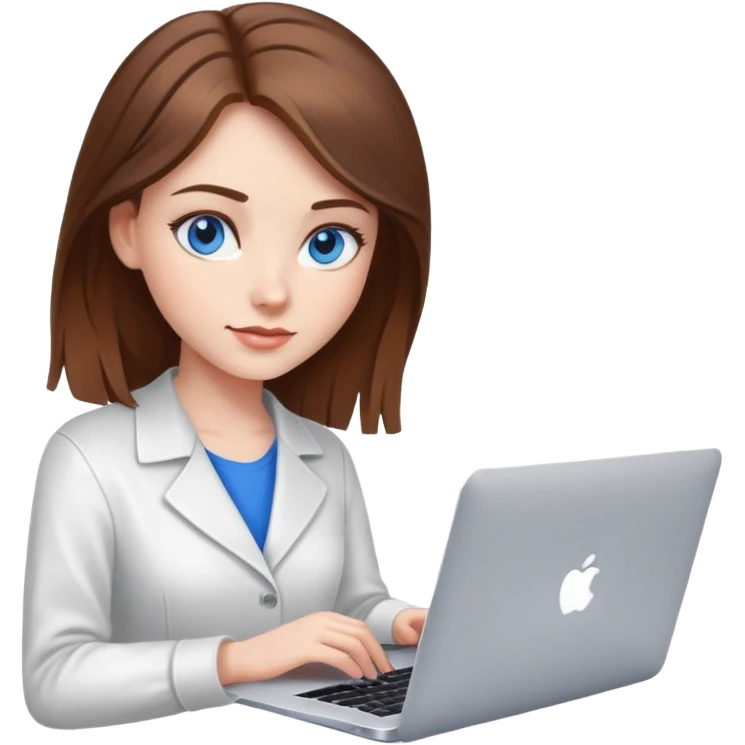 Beautiful programmer girl with brown hair and blue eyes working with MacBook emoji