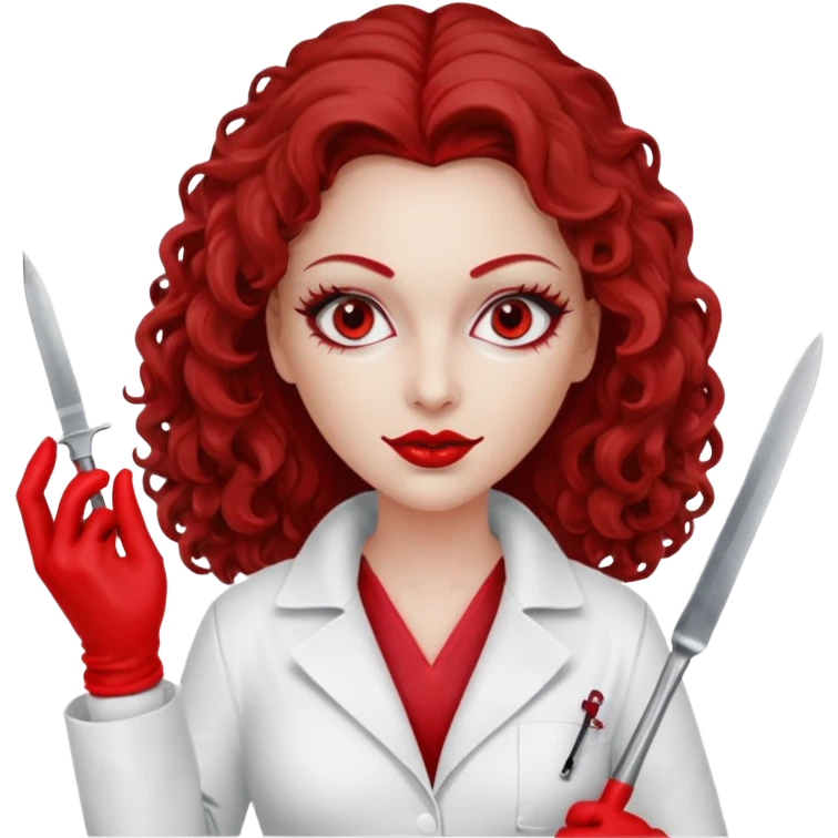 


Scary woman scalpel in hand, evil surgeon sexy surgeon clothes.  She has red eyes. Her  brown long curly hair. Wears sexy doctor outfit with red gloves. make her wear red ski mask  to hide. Wears white surgeon coat, wears  stilettos emoji
