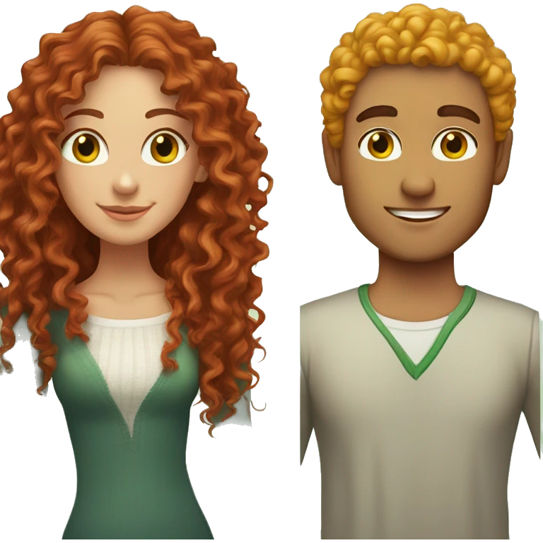 Couple. beautiful girl with red long curly hair and brown eyes. Handsome man with yellow curly hair and green eyes emoji