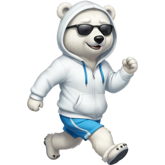 friendly anthropomorphised polar bear jogging upright wearing a hoodie and shorts, dark sunglasses emoji