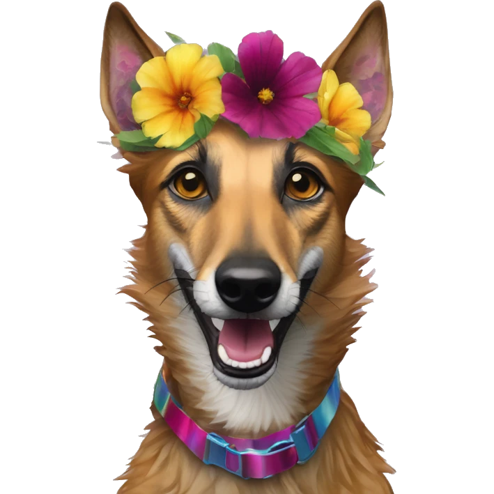  brindle brown black maroon striped lurcher Alsatian fox running blue eyes and iridescent holographic oilslick harness wearing paper iridescent tropical flower crown yellow caution tape emoji