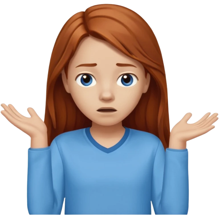 shrugging confused emoji tween long auburn hair light blue shirt with a darker blue L emoji