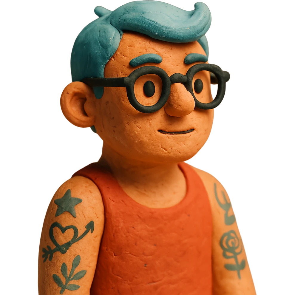 figure with blue hair, glasses, and tattoos emoji