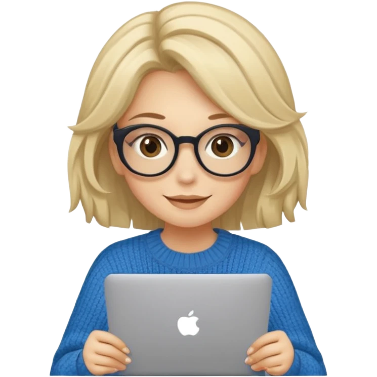 ragazza bionda sorridente con capelli molto lunghi, con occhiali tartarugati, occhi azzurri, con maglione beige, seduti alla scrivania che lavora al pc emoji