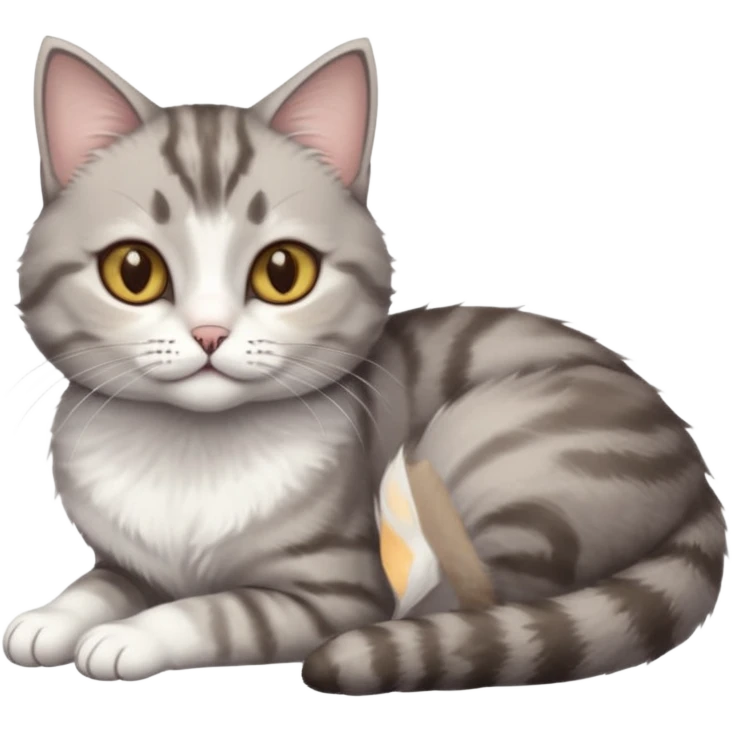 full body tiny short hair grey and white cat with white front legs anh azel eyes lying down emoji