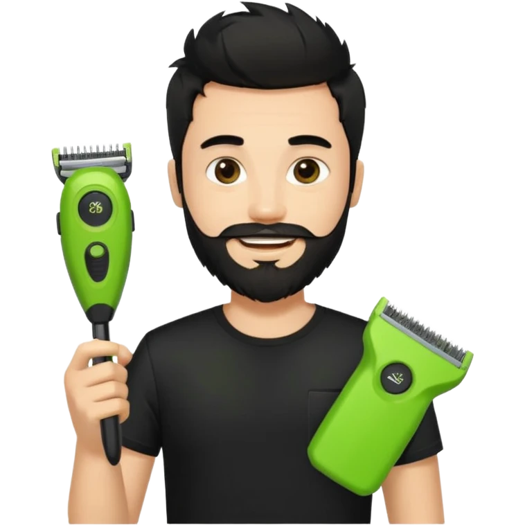 handsome young man, fair complexion, messy black hair and beard, smiling, black t-shirt, holding a single small true-to-size lime green face beard trimmer in one hand emoji