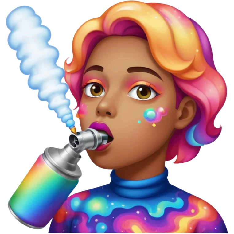 Emoji-style face inhaling from Galaxy Gas nitrous oxide canister, mouth on nozzle, kaleidoscope psychedelic eyes, colorful vapor swirling emoji
