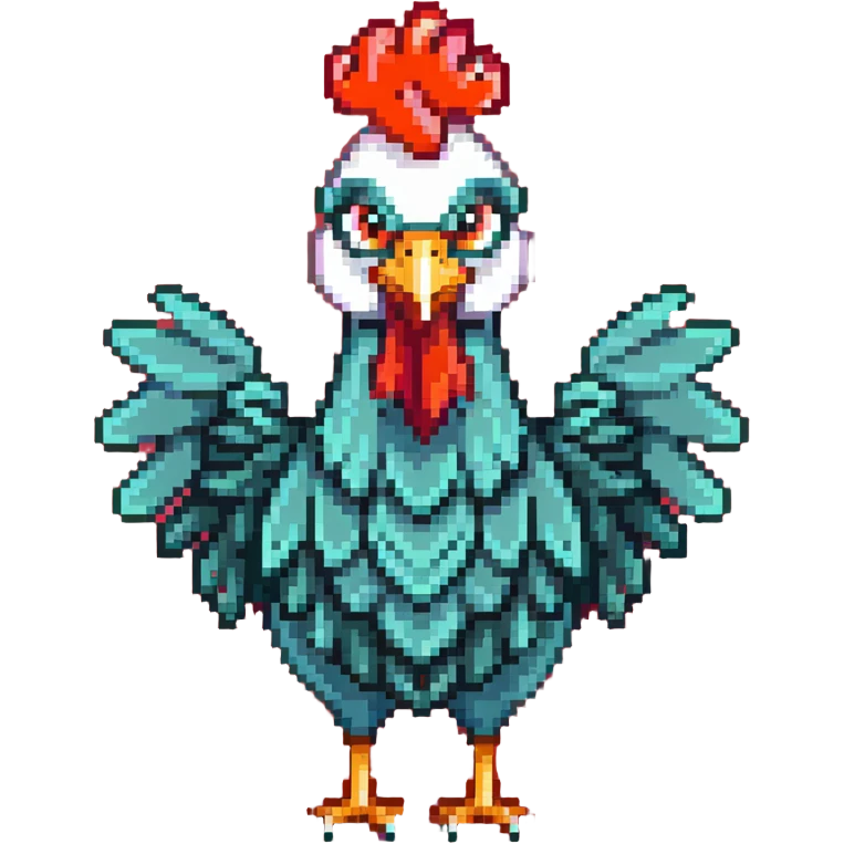 A cute blue-green rooster chicken with big eyes, red comb, small wings, skinny legs, and goofy expression emoji