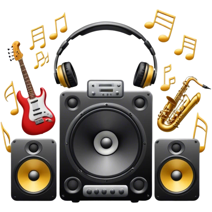 Icon for R&B Music Listening: large concert speakers and headphones with waves of musical notes coming out, along with drums, bass guitar and saxophone. The icon should convey the energetic and rhythmic vibe of R&B music. Transparent background emoji