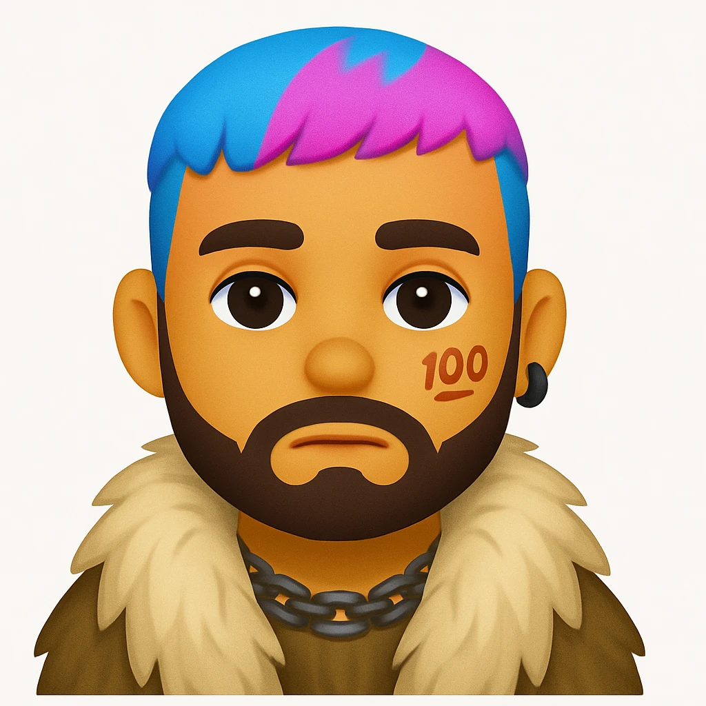 Create an emoji style image of a character with short blue and pink hair, beard, earrings, facial tattoo, wearing a fur coat, and natural skin tone. The style should resemble emoji style. emoji