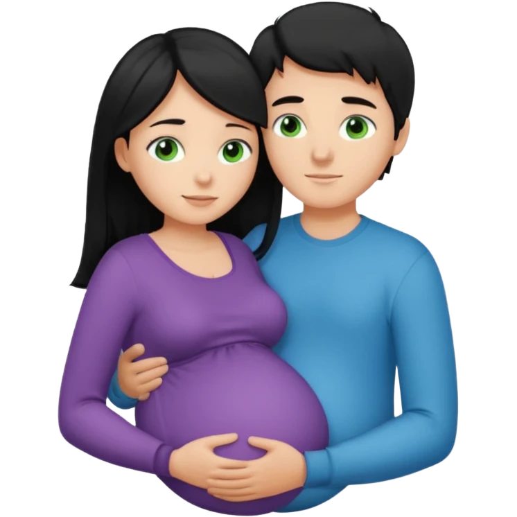 Make a couple hugging the girl is white with long black hair with blue eyes. The girl is hugging a boy with light brown short hair with green eyes. The boz is pregnant  emoji