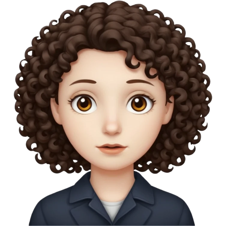 Pale skin, curly dark brown hair, medium brown eyes. emoji