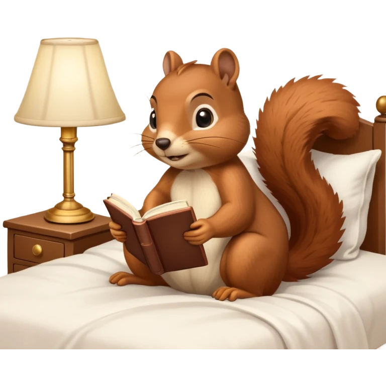 squirrel reading in bed with retro light lamp next to it emoji