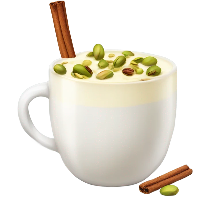Milk in a mug with cinnamon and pistachio ontop emoji