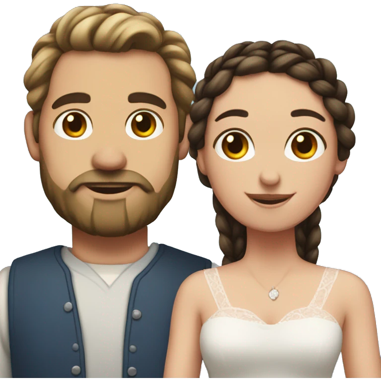 A man with dark brown hair and a beard married to a long brown haired women with pig tail braids  emoji
