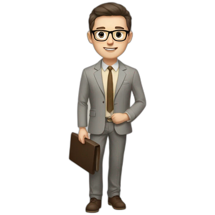 Pale skinned fit man with dark brown hair in gray jacket, beige office shirt, brown tie, brown pants and vintage glasses Writing on the tablet emoji