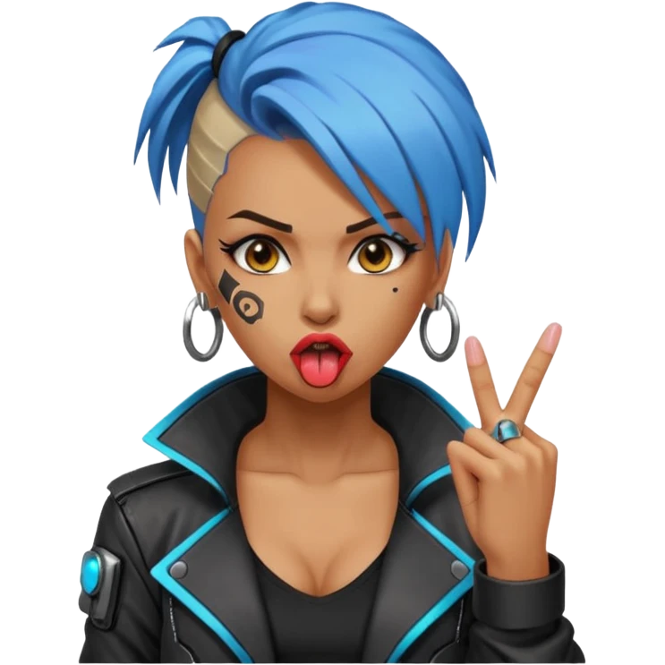 Woman with her tongue out in cyberpunk clothing and giving the middle finger. Looking naughty. emoji