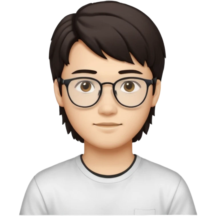 iOS-style emoji
Young man, about 18 years old, with slightly masculine features.
 Slightly Asian eyes, light skin tone, friendly and expressive face.
Accessories and details: Glasses, very dark brown hair, mullet style (short, structured).
Background and clothes: White background and white t-shirt. emoji