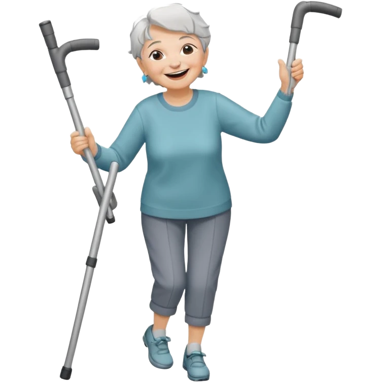 elderly woman with pants, short grey hair, laughing and dancing th crutches emoji