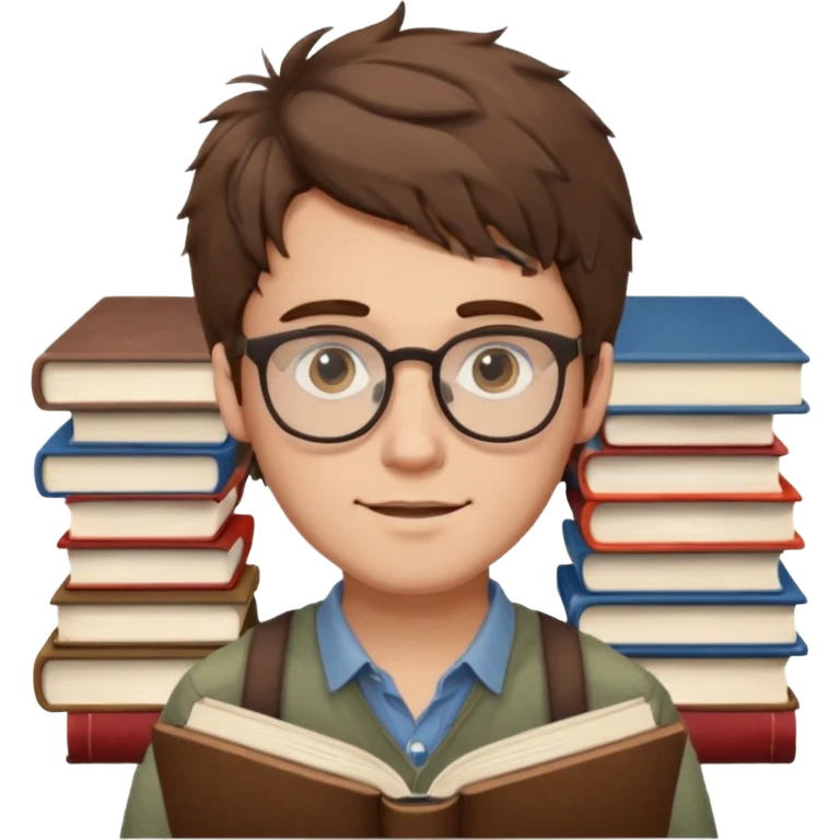 generate an ios genmoji of a fair 20 year guy with faint beard, spectacles, messy hair, books in hand emoji