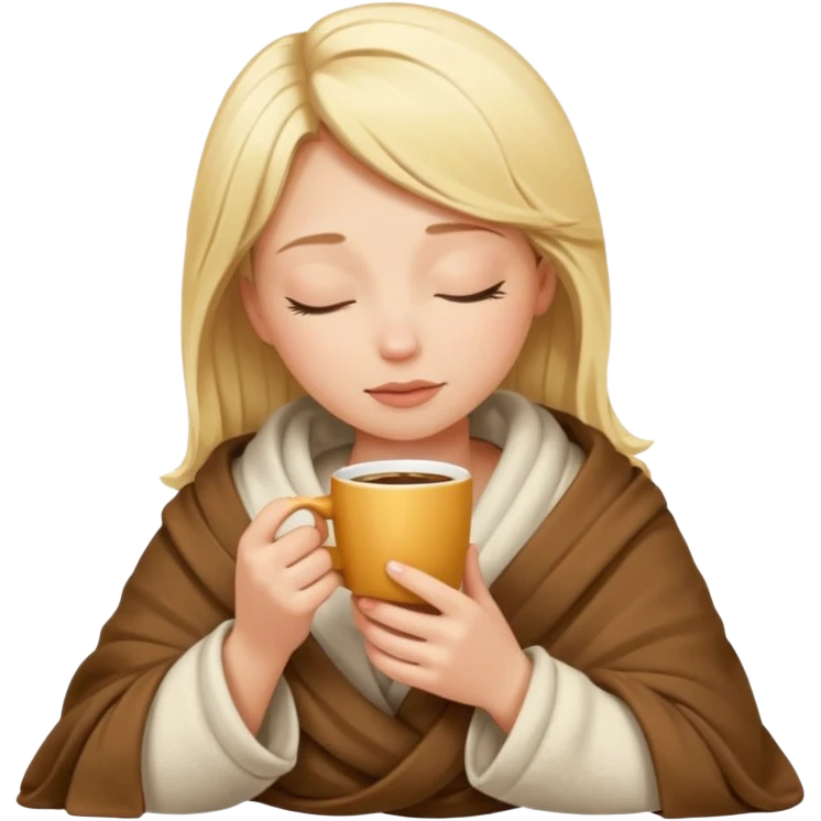 Blonde girl inside a blanket sipping coffee eyes closed emoji