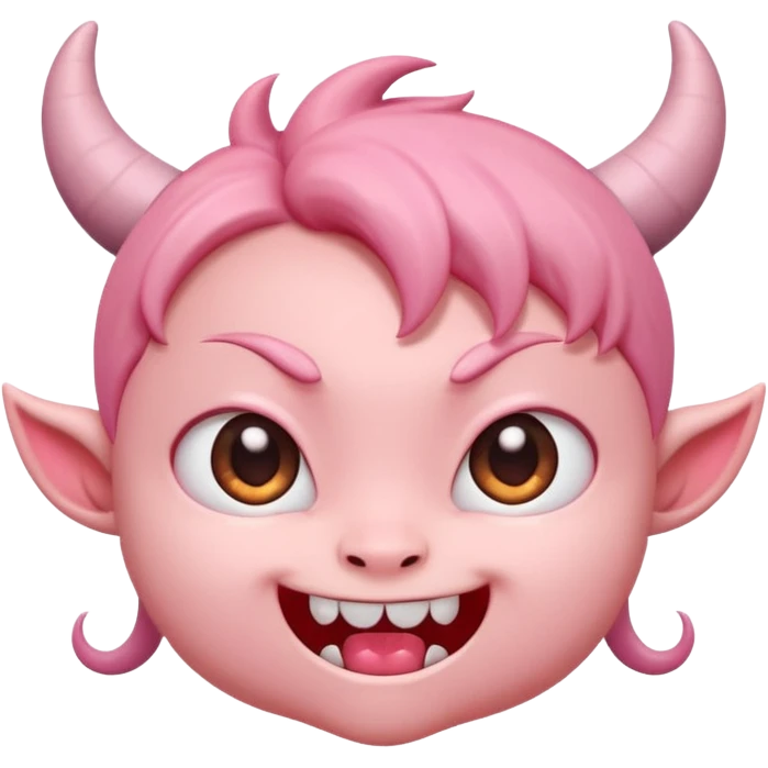 Cute demon cartoon emoji character, chibi proportions, small horns, mischievous smile, big expressive eyes, soft rounded face, tiny fangs, stylized hair, clean smooth shading, simple shapes, friendly not scary,  emoji