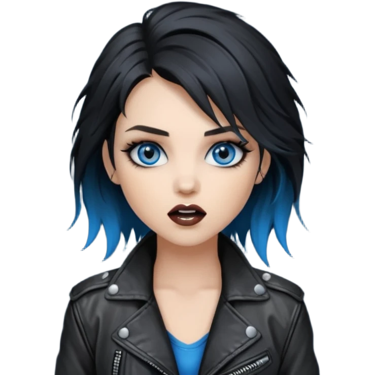 
 rockstar girl with black disheveled hair, blue eyes, Smokey eyes grunge makeup, singing  emoji