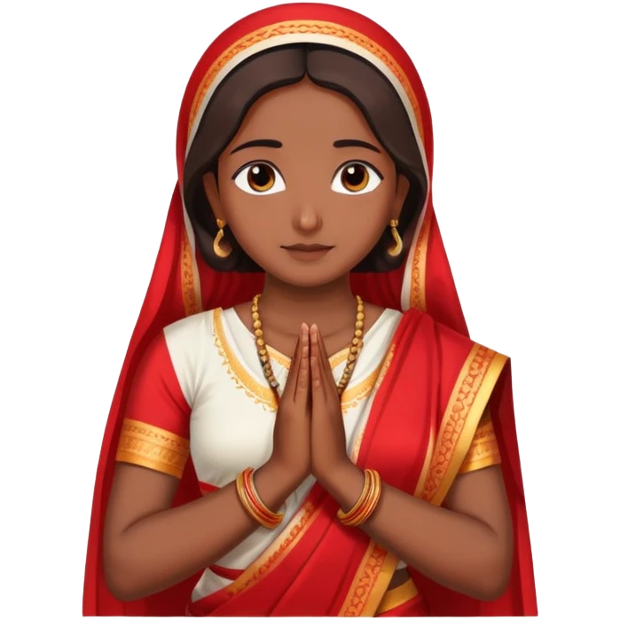 Bengali girl wearing traditional red and white saree with hands joined in prayer position emoji