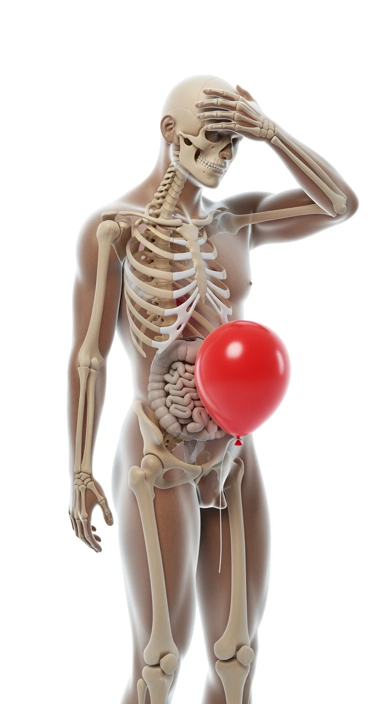 corpo umano anatomico realistico in posa frontale con spina dorsale anatomica in evidenza e palloncino rosso sulla pancia, si tiene una mano sulla fronte disperata per la pancia gonfia, iperrealistica 4k, isolato su sfondo bianco emoji