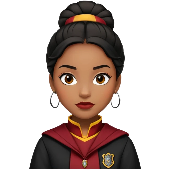 Angelina Johnson in harry potter, wear hogwarts gryfindor uniform,  thick, black bun hair , reflecting her bold, stylish, and strong personality emoji