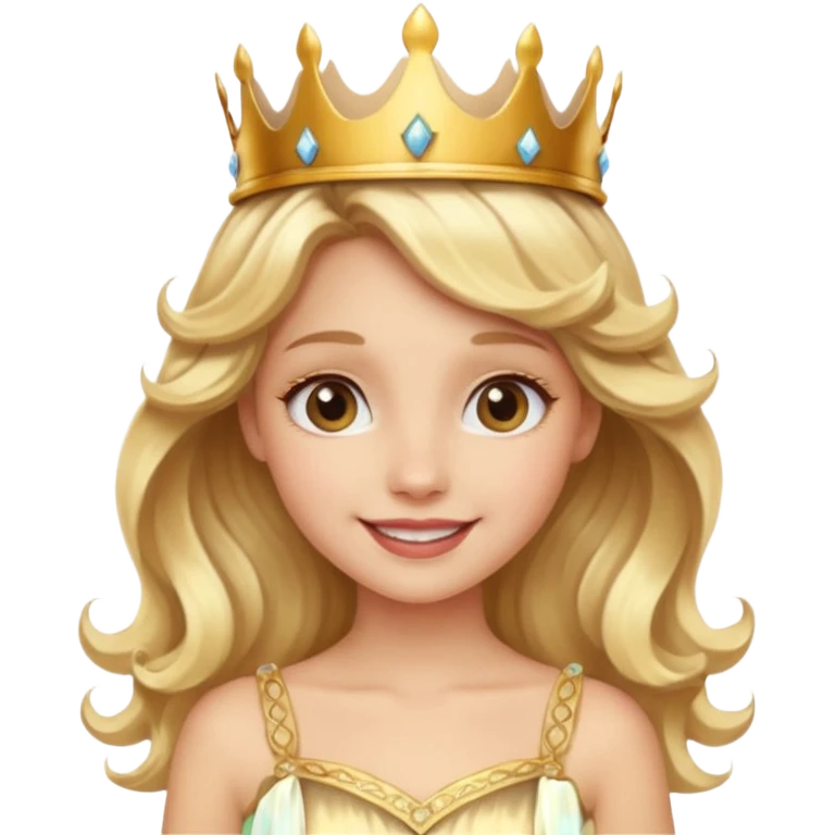 Cheerful blonde princess with wavy hair and light gold dress, wearing crown emoji