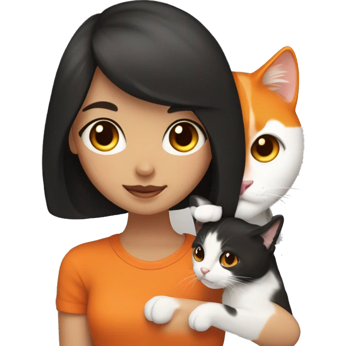Brunette girl with brown eyes, holding a tricolor  black white and orange cat. Cat has one side of the face orange and the other side black. Mouth is white emoji