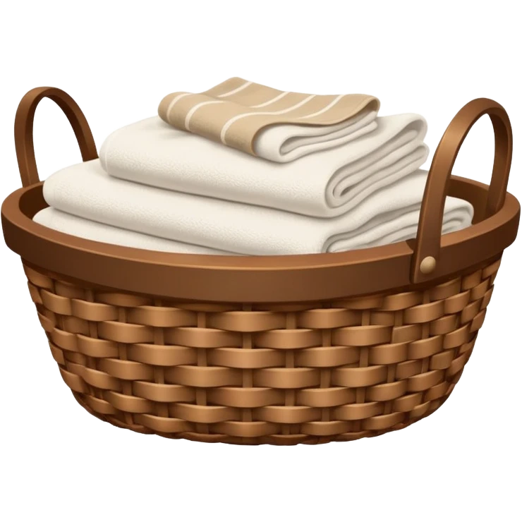 A woven Brown basket with fresh washed linen, white towels  emoji