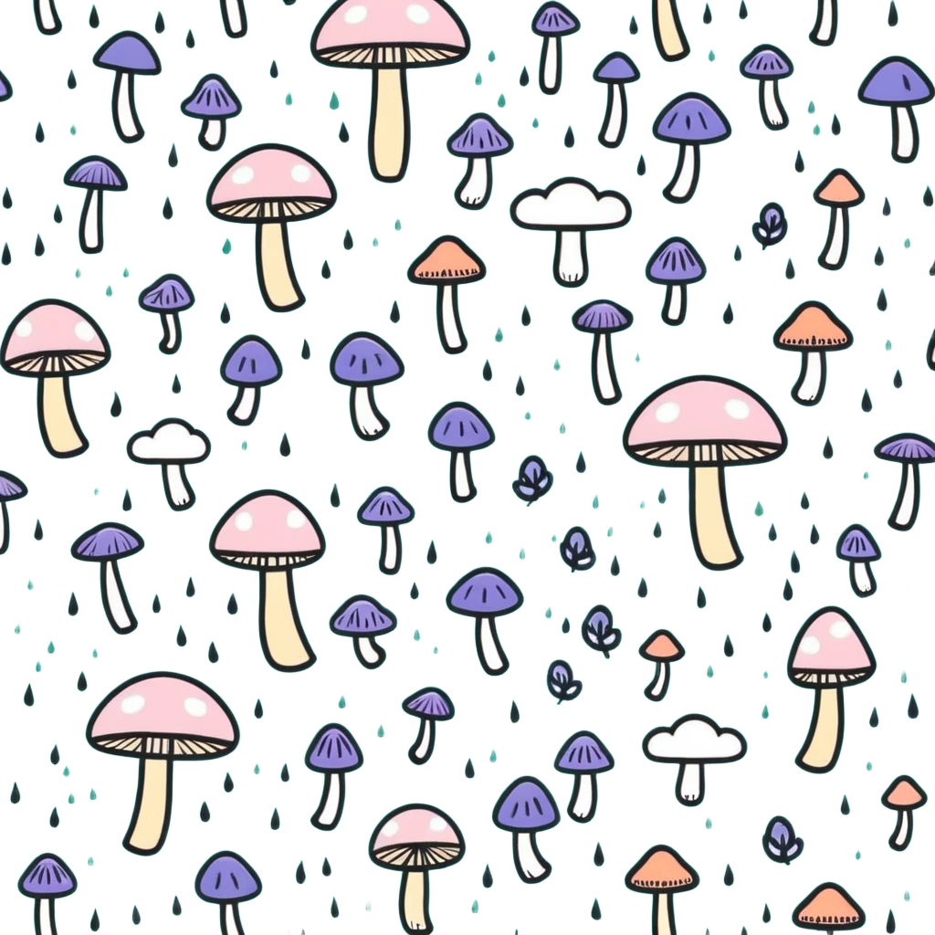 cloud raining tiny leaves and mushrooms, whimsical rain, pastel tones, cartoonish sticker style emoji