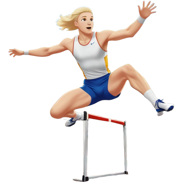 An icon of an white-skined athlete soaring over a hurdle, mid-jump, with a powerful form. The background features a vibrant stadium, with the track and hurdles in sharp focus, and a cheering crowd along the stands. The motion of the jump emphasizes speed and agility. Transparent background. emoji