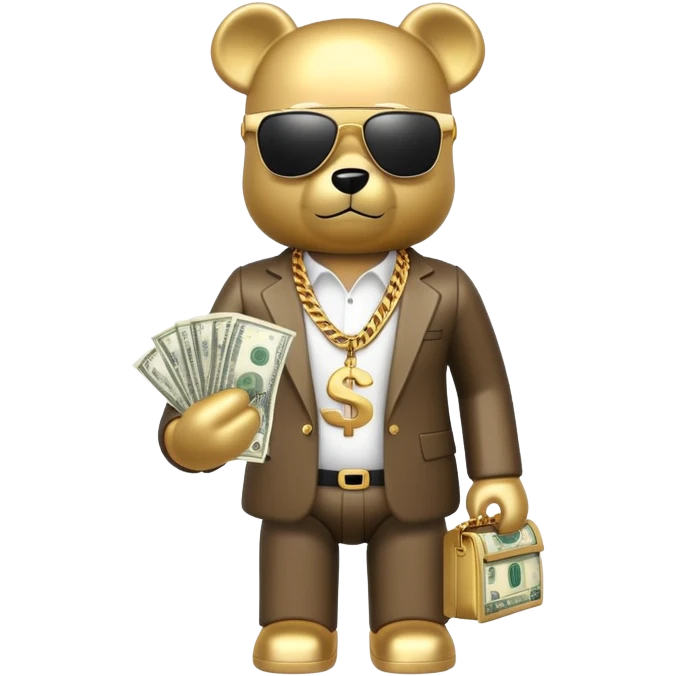hustler bearbrick toy figure wearing gold chain, sunglasses and money emoji