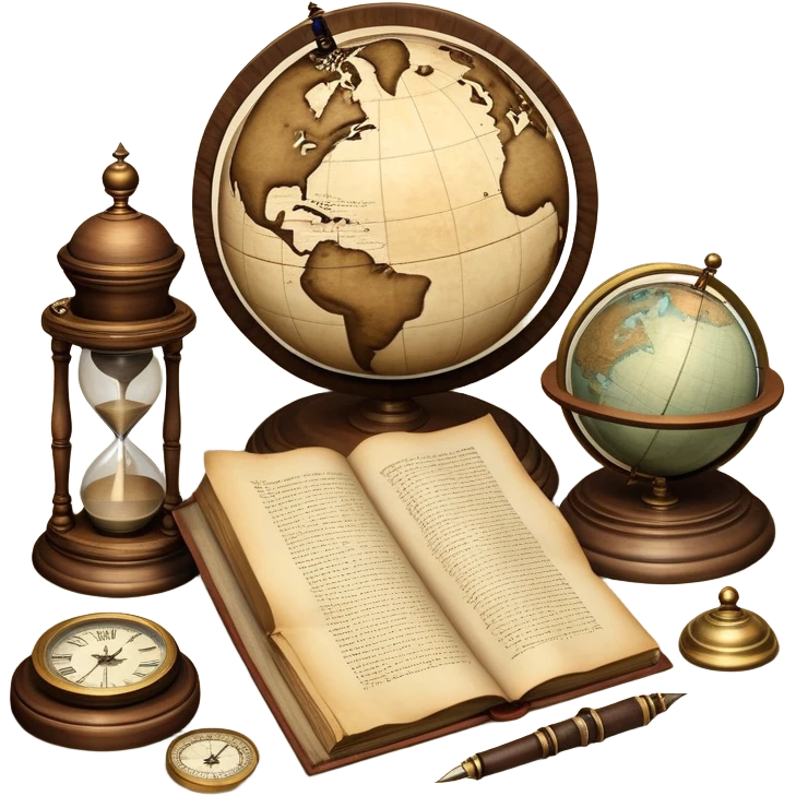 An icon featuring ancient scrolls, a quill pen, and large, old-fashioned sand clocks, symbolizing the study of history. The design includes a globe and a timeline with significant historical events, set against ruins to evoke past civilizations. Transparent background highlights the passage of time. emoji
