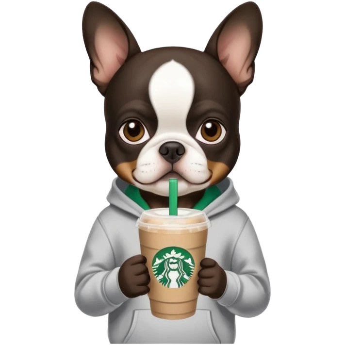 Boston Terrier holding a Starbucks drink wearing a hoodie emoji