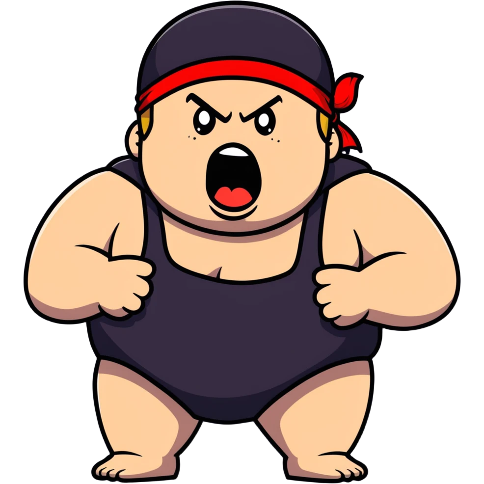 Extreme close-up of face of morbidly obese white skin guy with young face, prominent BLACK DURAG tied clearly on head, black beard but no mustache, clean shaven upper lip, black eyes in a red and black wrestling singlet with mouth wide open screaming angrily emoji