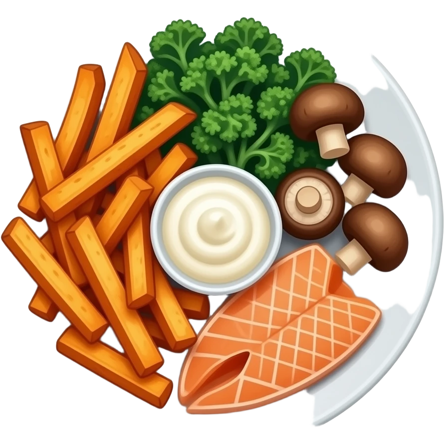 Realistic plate of sweet potato fries, kale, trout, mushrooms and sour cream emoji